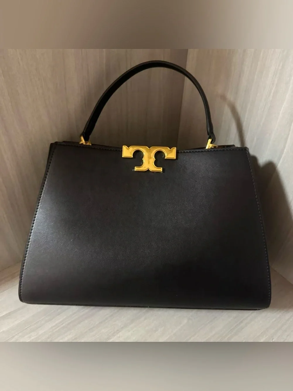 Tory Burch Black Leather Top-Handle Satchel with Gold-Tone Logo